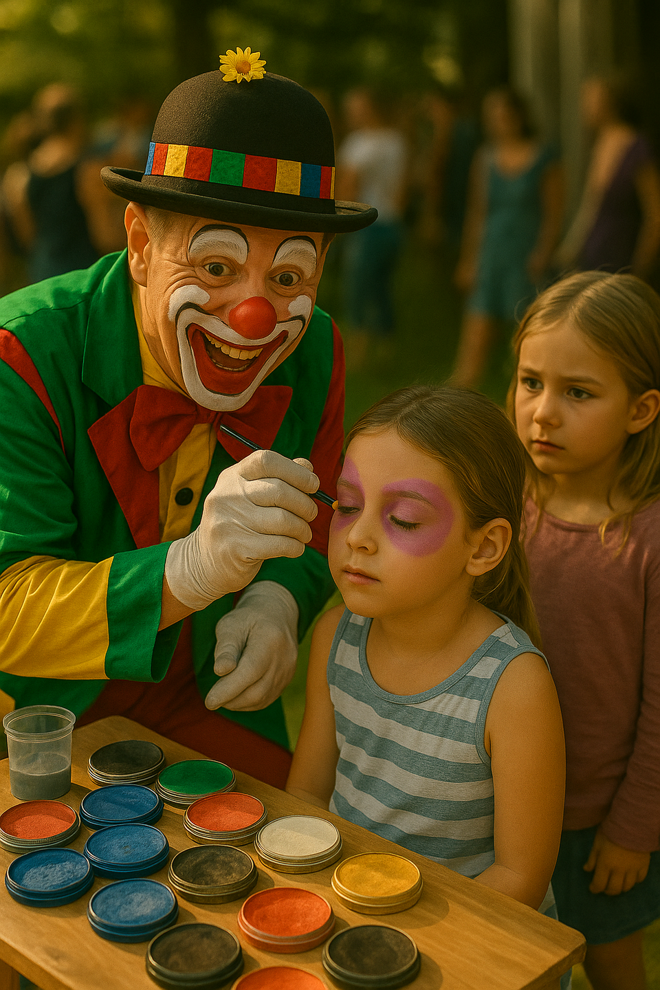 Clown und Mädchen beim Kinderschminken