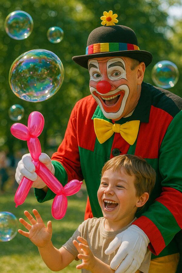 Clown und Junge mit Seifenblasen