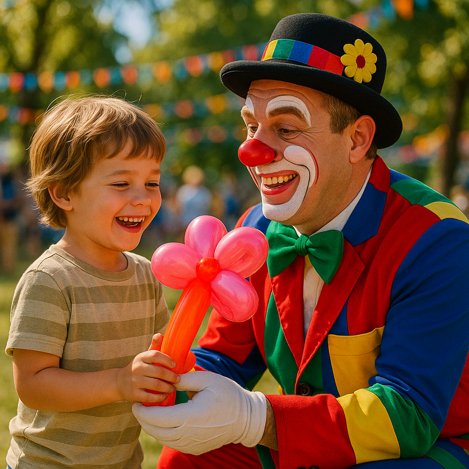 Clown und Junge mit Luftballontier